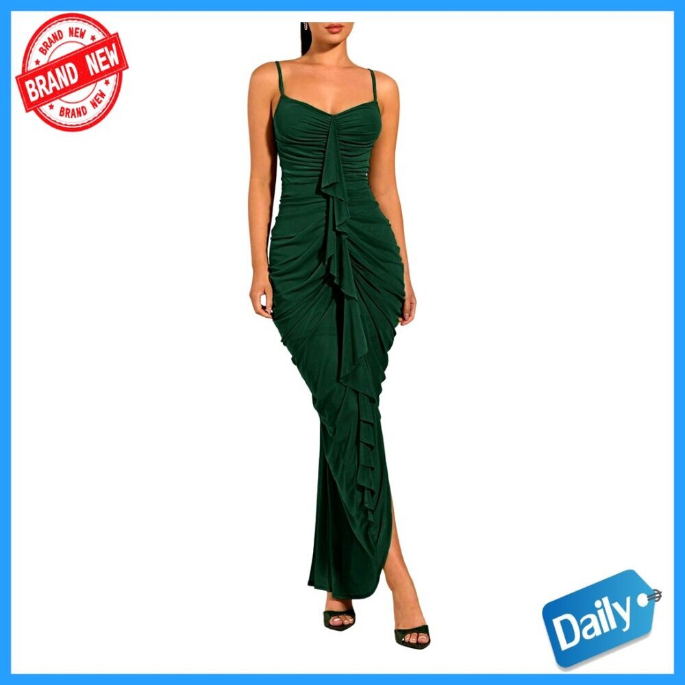 Ruffle Ruched Bodycon Maxi Dress Elegant Evening Gala Formal Draped